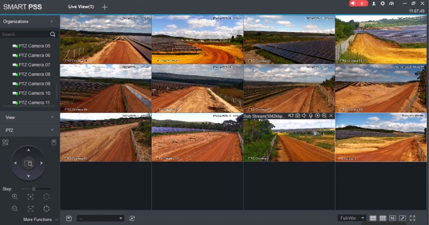 Central de monitoramento GCOMM com múltiplas câmeras de usina solar